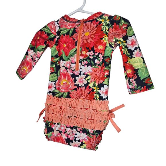 Rufflebutts UPF 50+ Sunset Garden Floral One Piece Rash Guard swimsuit sz 6-12m - Picture 3 of 5